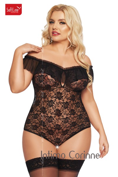Body KAMILA in pizzo con volant in tulle. Nero. Plus size Body KAMILA in pizzo con volant in tulle. Nero. Plus size