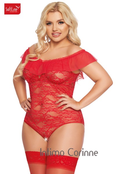 Body KAMILA in pizzo con volant in tulle. Rosso. Plus size Body KAMILA in pizzo con volant in tulle. Rosso. Plus size