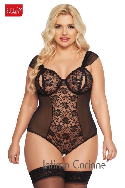 Body DORA in tulle e pizzo con coppe e cavallo aperti. Nero Body DORA in tulle e pizzo con coppe e cavallo aperti. Nero