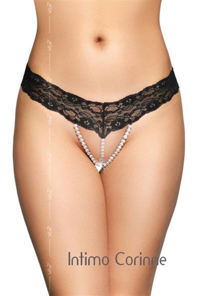 Tanga nero in pizzo con fila di perle. Tanga nero in pizzo con fila di perle.