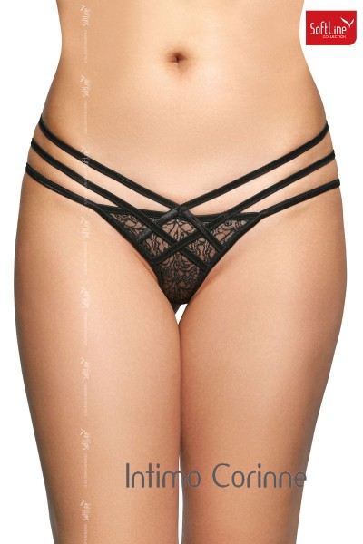 Tanga nero in pizzo con tre fianchetti incrociati. Tanga nero in pizzo con tre fianchetti incrociati.