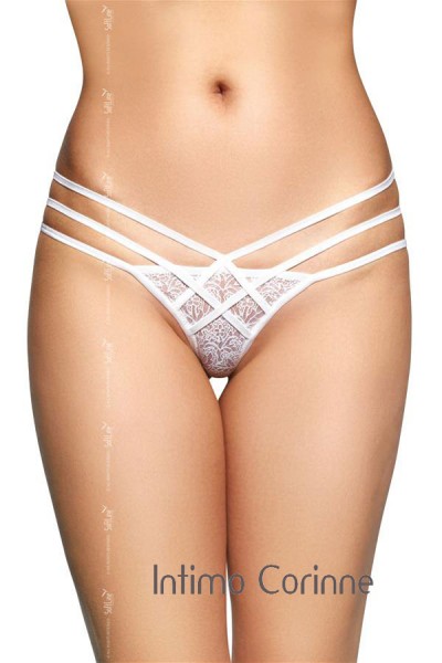 Tanga bianco in pizzo con tre fianchetti incrociati. Tanga bianco in pizzo con tre fianchetti incrociati.