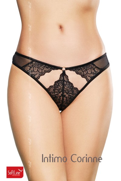 Tanga nero in pizzo e tulle con aperture. Tanga nero in pizzo e tulle con aperture.