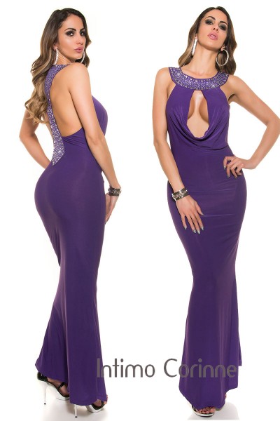 Abito lungo con scollo profondo e decorazioni sulla schiena. Viola