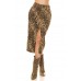 Gonna midi in tessuto denim leopardato con spacco. Gonna midi in tessuto denim leopardato con spacco.