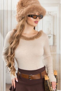 Maglia Beige con Dettagli in Pelliccia Sintetica