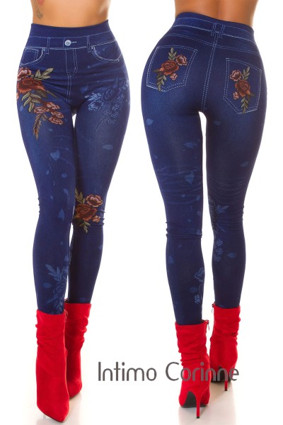 Leggings Jeanslook con stampa floreale. BLU Leggings Jeanslook con stampa floreale. BLU