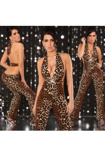 Tuta leopardata schiena scoperta con scollo a V e strass