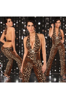 Tuta leopardata schiena scoperta con scollo a V e strass Tuta leopardata schiena scoperta con scollo a V e strass