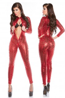 Tuta rossa effetto bagnato con zip doppio cursore