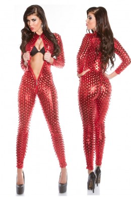 Tuta rossa effetto bagnato con zip doppio cursore