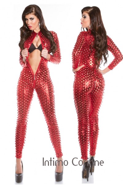 Tuta rossa effetto bagnato con zip doppio cursore