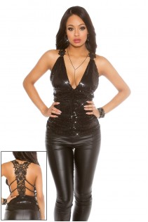 Top nero ricoperto di paillettes con ricamo sulla schiena. Top nero ricoperto di paillettes con ricamo sulla schiena.