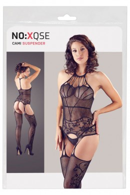 Catsuit a rete ricamata con motivi in pizzo. Catsuit a rete ricamata con motivi in pizzo.