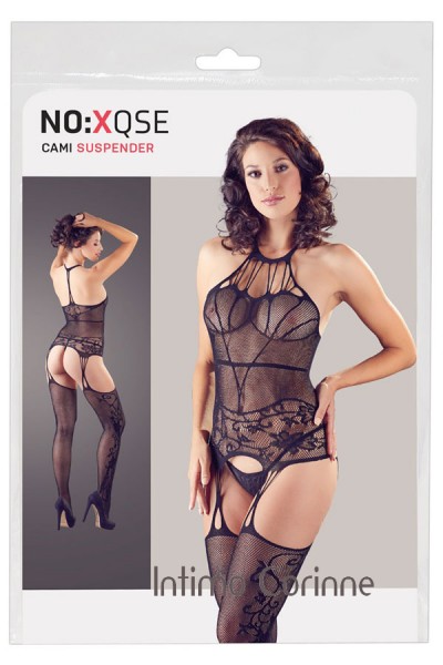 Catsuit a rete ricamata con motivi in pizzo. Catsuit a rete ricamata con motivi in pizzo.