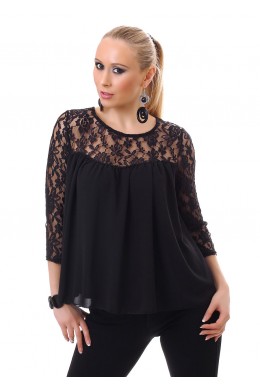 Blusa con inserti in pizzo. Nero
