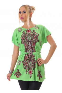 Blusa con motivi fantasia + cintura. Verde Blusa con motivi fantasia + cintura. Verde
