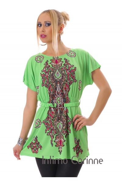Blusa con motivi fantasia + cintura. Verde Blusa con motivi fantasia + cintura. Verde