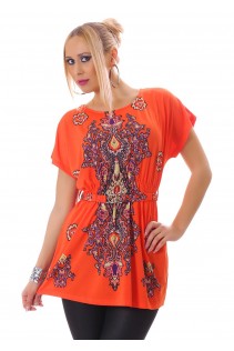 Blusa con motivi fantasia + cintura. Arancione Blusa con motivi fantasia + cintura. Arancione