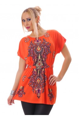 Blusa con motivi fantasia + cintura. Arancione Blusa con motivi fantasia + cintura. Arancione