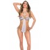 Monokini leopardato bianco con anelli dorati e drappeggio. Monokini leopardato bianco con anelli dorati e drappeggio.