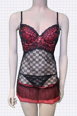Chemise in tulle ricamato con borchie e volants. Nero-rosso Chemise in tulle ricamato con borchie e volants. Nero-rosso