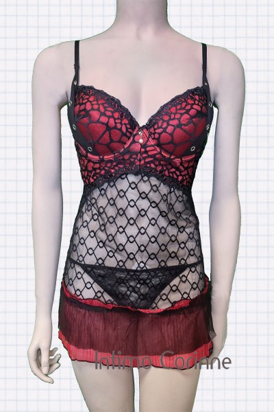 Chemise in tulle ricamato con borchie e volants. Nero-rosso Chemise in tulle ricamato con borchie e volants. Nero-rosso