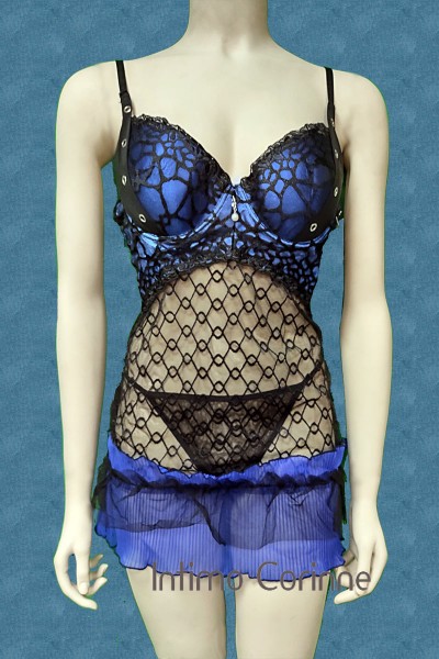 Chemise in tulle ricamato con borchie e volants. Nero-blu Chemise in tulle ricamato con borchie e volants. Nero-blu