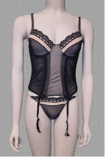 Guepiere beige-nera in tulle e pizzo + tanga. Guepiere beige-nera in tulle e pizzo + tanga.