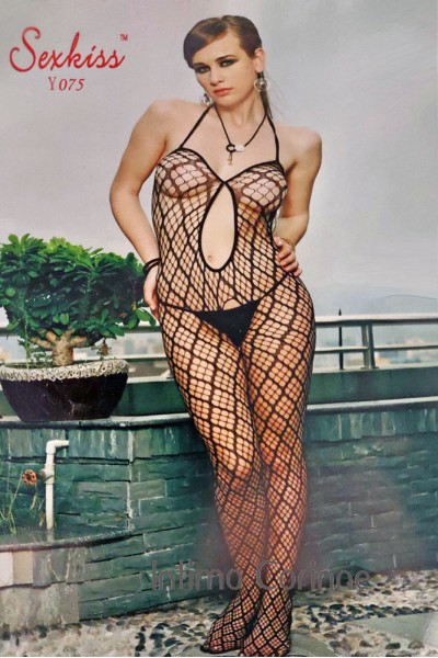 Bodystocking a rete aperta al cavallo con perizoma.
