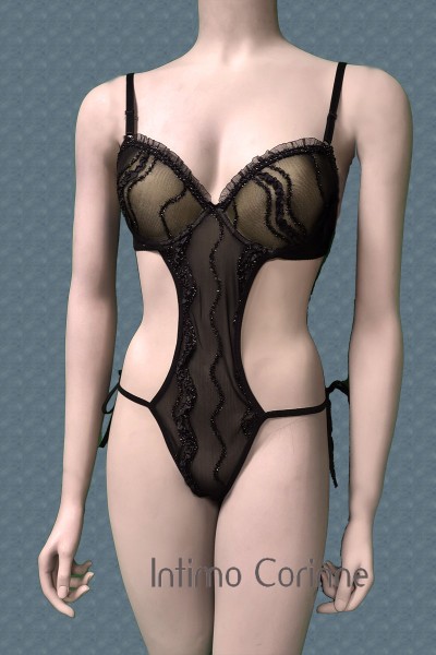 Body in tulle con fili in lurex. Verde-nero. Body in tulle con fili in lurex. Verde-nero.