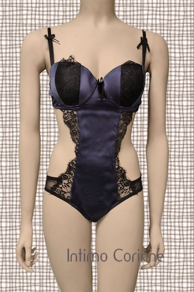 Body in satin e pizzo. Blu-nero Body in satin e pizzo. Blu-nero
