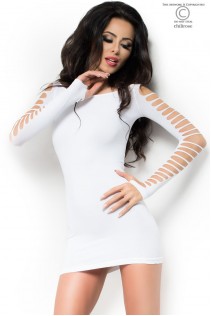 CHILIROSE: miniabito bianco aderente con asole ed intagli. CHILIROSE: miniabito bianco aderente con asole ed intagli.