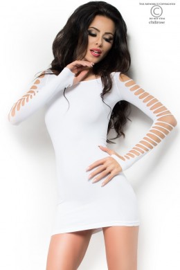 CHILIROSE: miniabito bianco aderente con asole ed intagli. CHILIROSE: miniabito bianco aderente con asole ed intagli.