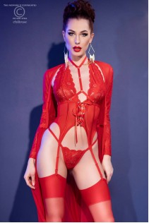 Guepiere set 3 pezzi con calze. Rosso Guepiere set 3 pezzi con calze. Rosso