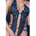 Body in pizzo nero/blu con profonda apertura e strass. Body in pizzo nero/blu con profonda apertura e strass.