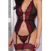Guepiere in tulle e pizzo con ricami rossi, tanga e calze. Guepiere in tulle e pizzo con ricami rossi, tanga e calze.