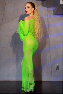 Set 3 pezzi in rete e maglina con frange. Verde neon Set 3 pezzi in rete e maglina con frange. Verde neon