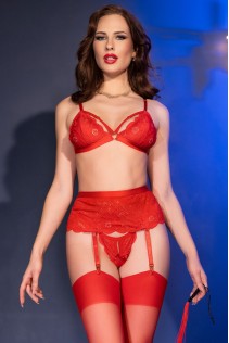 Set intimo rosso 5 pezzi con reggicalze, calze e frustino Set intimo rosso 5 pezzi con reggicalze, calze e frustino