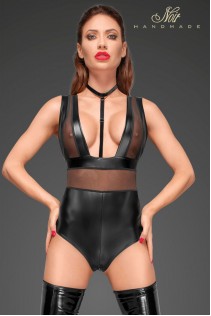 Body in tessuto nero opaco con inserti in tulle. Body in tessuto nero opaco con inserti in tulle.