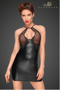 Mini abito nero con coppe in tulle e ricami in pizzo. Mini abito nero con coppe in tulle e ricami in pizzo.