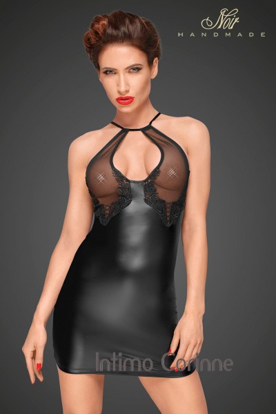 Mini abito nero con coppe in tulle e ricami in pizzo. Mini abito nero con coppe in tulle e ricami in pizzo.