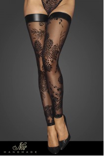 Calze in tulle con ricami floreali floccati e fascia in Powerwetlook. Calze in tulle con ricami floreali floccati e fascia in Powerwetlook.