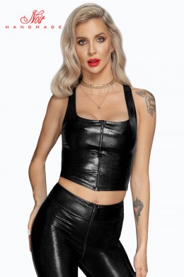 Top wetlook con trama serpente e cerniera frontale. Top wetlook con trama serpente e cerniera frontale.